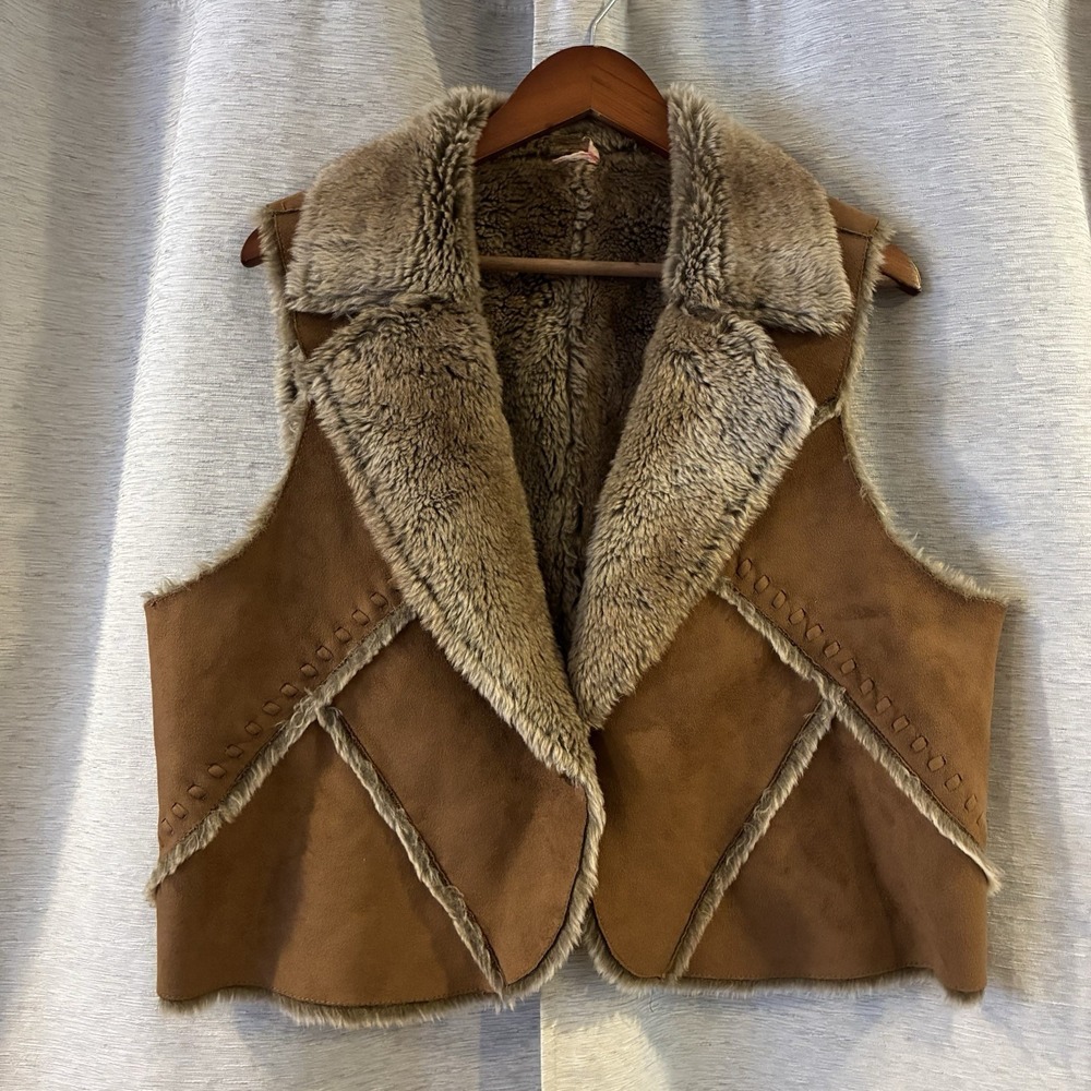 Faded Glory Originals Faux Fur Suede Vest Ladies Brown‎ Cozy Retro